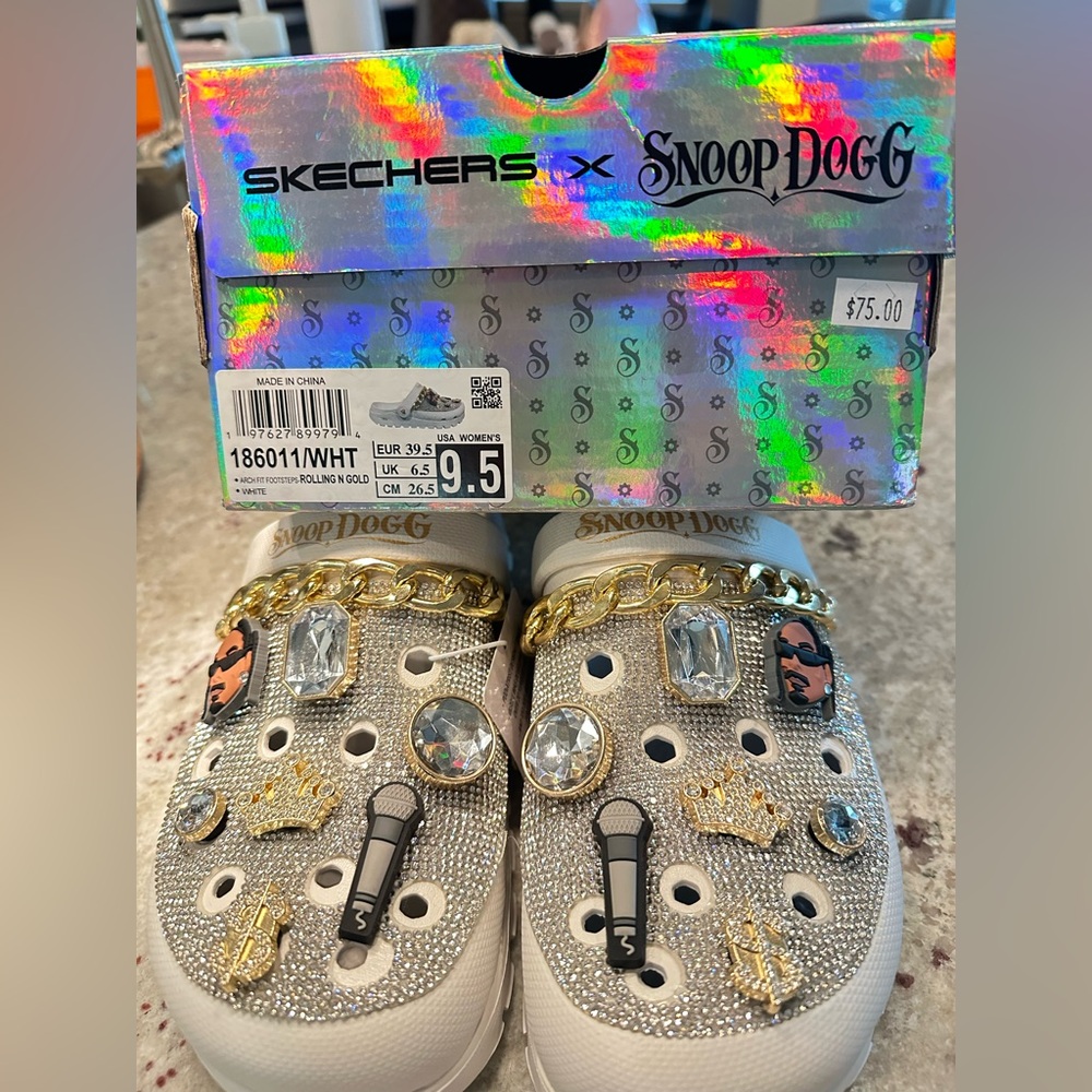 Skechers x Snoop Dogg Embellished White Glitter Clog Sandals